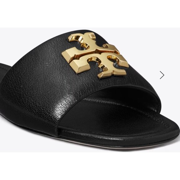 Tory Burch Eleanor Leather Slides Gold Hardware Black Size 6.5 - Picture 3 of 16